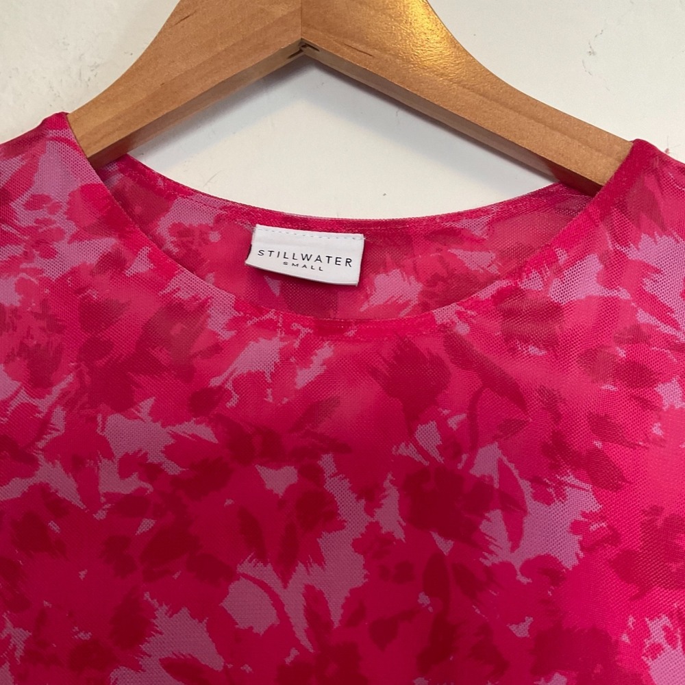 STILLWATER Colette Long Sleeve Mesh Mini Dress S Floral Slit Stretch Barbie NWOT - Picture 2 of 5
